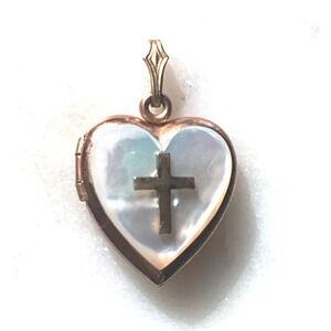 12K Gold Filled Crucifix Locket Vintage Mother Of Pearl Heart Cross Pendant